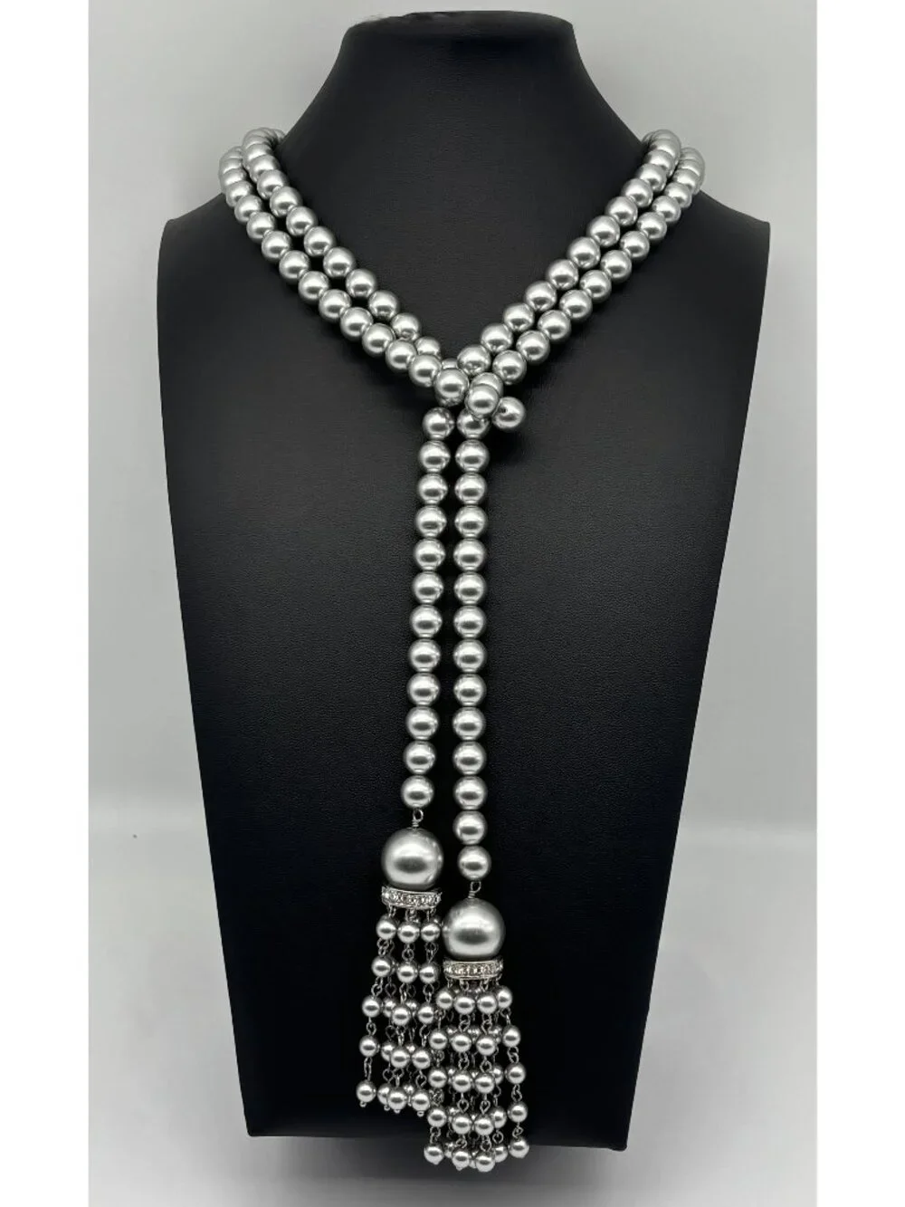 Faux Pearl and Crystal Lariat Necklace Belt Double Tassels Silvery Gray Unsigned